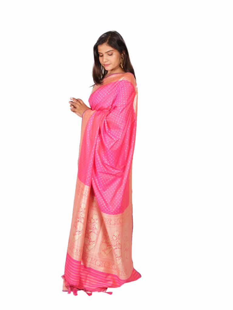 Pink Gold Motifs Zari Banarsee Party Wear Semi Silk Saree - Side Pose