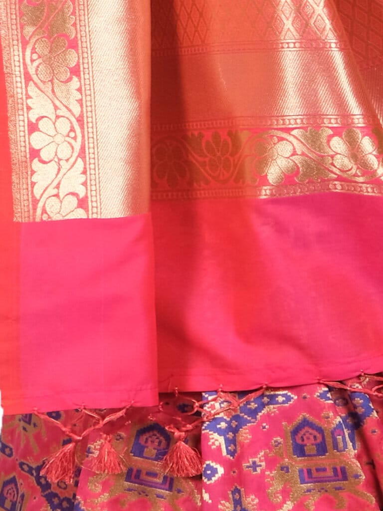 Pink Gold Woven Design Banarsee Party Wear Semi Silk Saree - Close Up Pose