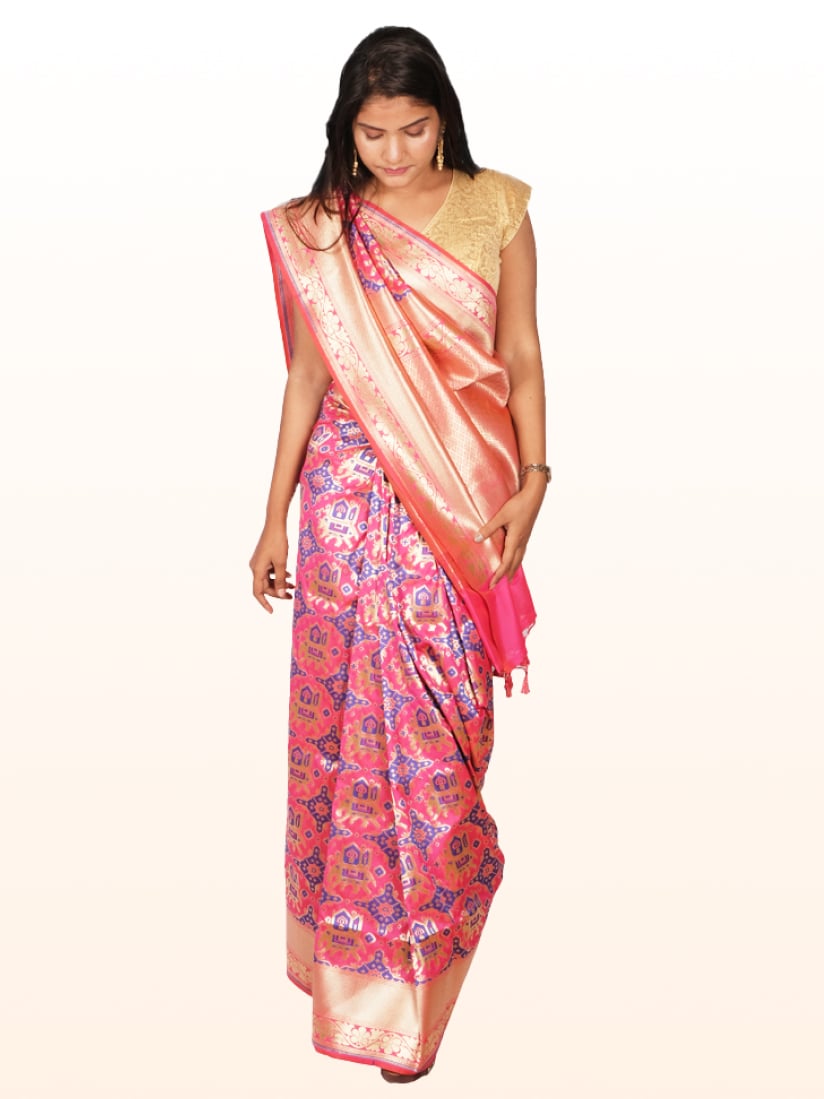 Pink Gold Woven Design Banarsee Party Wear Semi Silk Saree - Front Pose Edited
