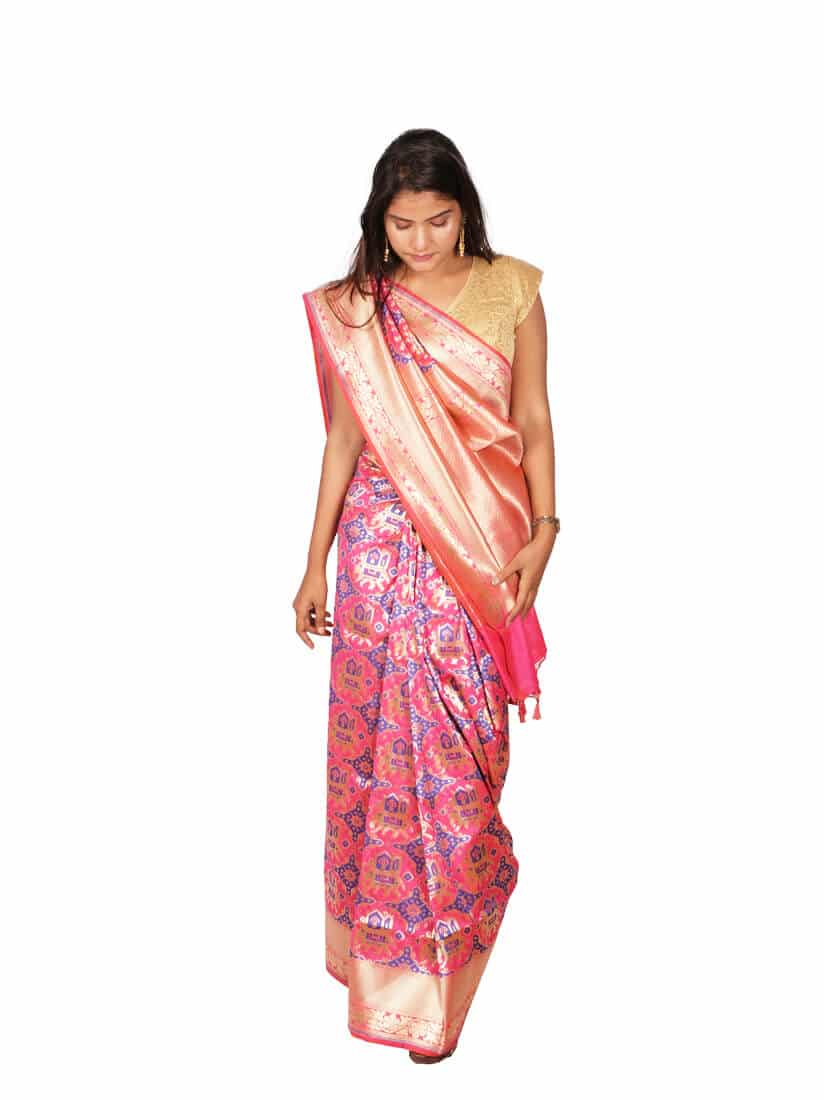Pink Gold Woven Design Banarsee Party Wear Semi Silk Saree - Front Pose