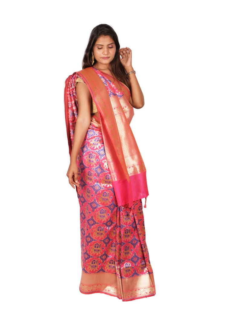 Pink Gold Woven Design Banarsee Party Wear Semi Silk Saree - Side Pose