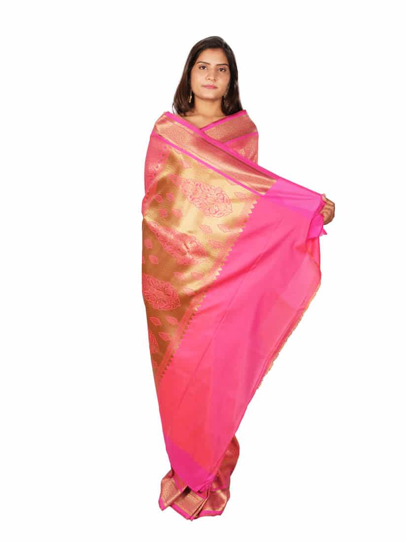 Pink Golden Woven Design Zari Banarsee Party Wear Semi Silk Saree - Anchal Pose