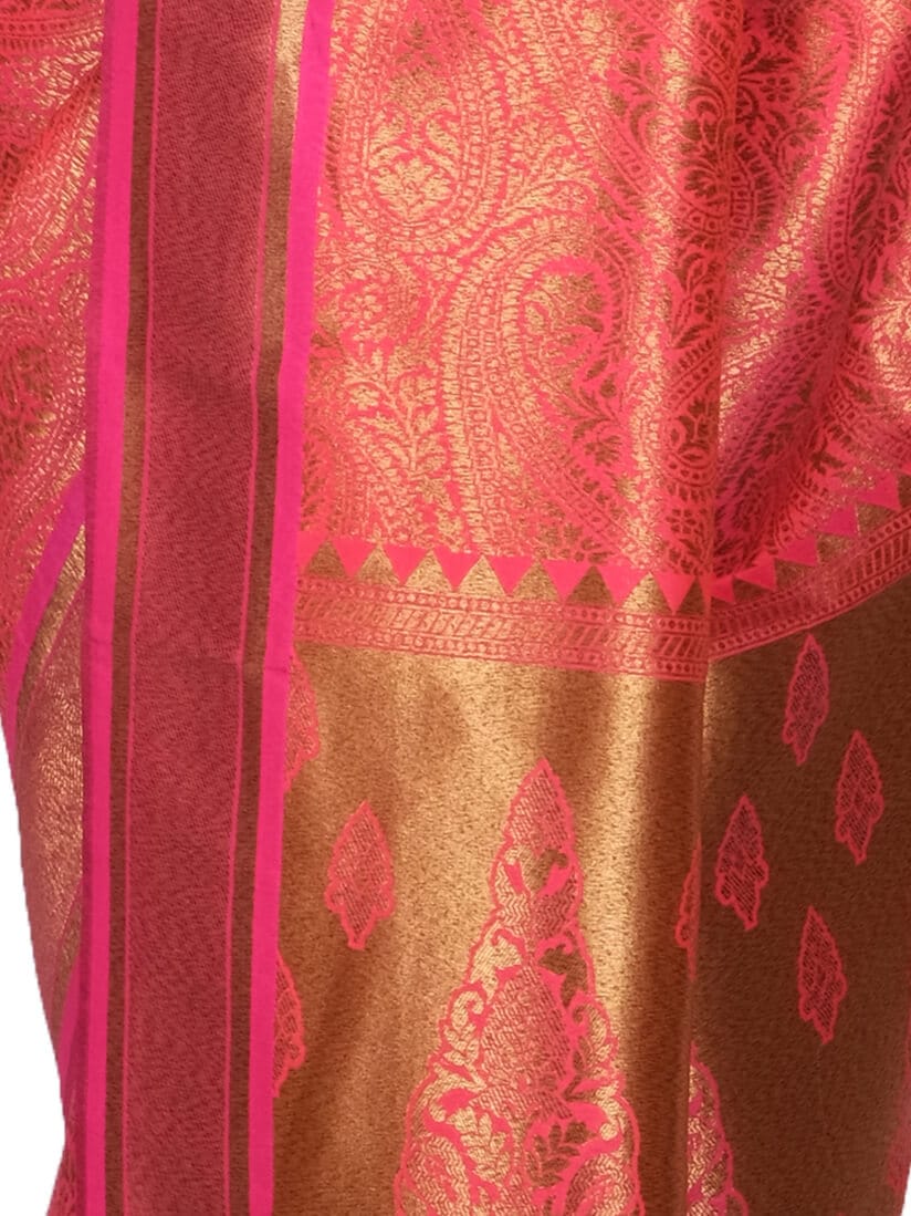 Pink Golden Woven Design Zari Banarsee Party Wear Semi Silk Saree - Close Up Pose
