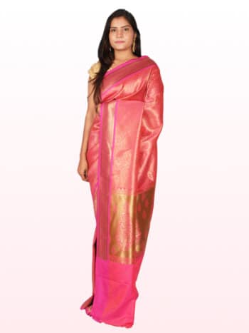 Pink Golden Woven Design Zari Banarsee Party Wear Semi Silk Saree - Front Pose Edited
