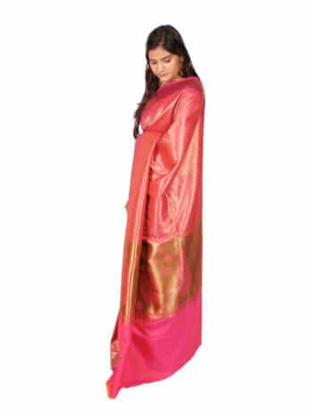 Pink Golden Woven Design Zari Banarsee Party Wear Semi Silk Saree - Side Pose