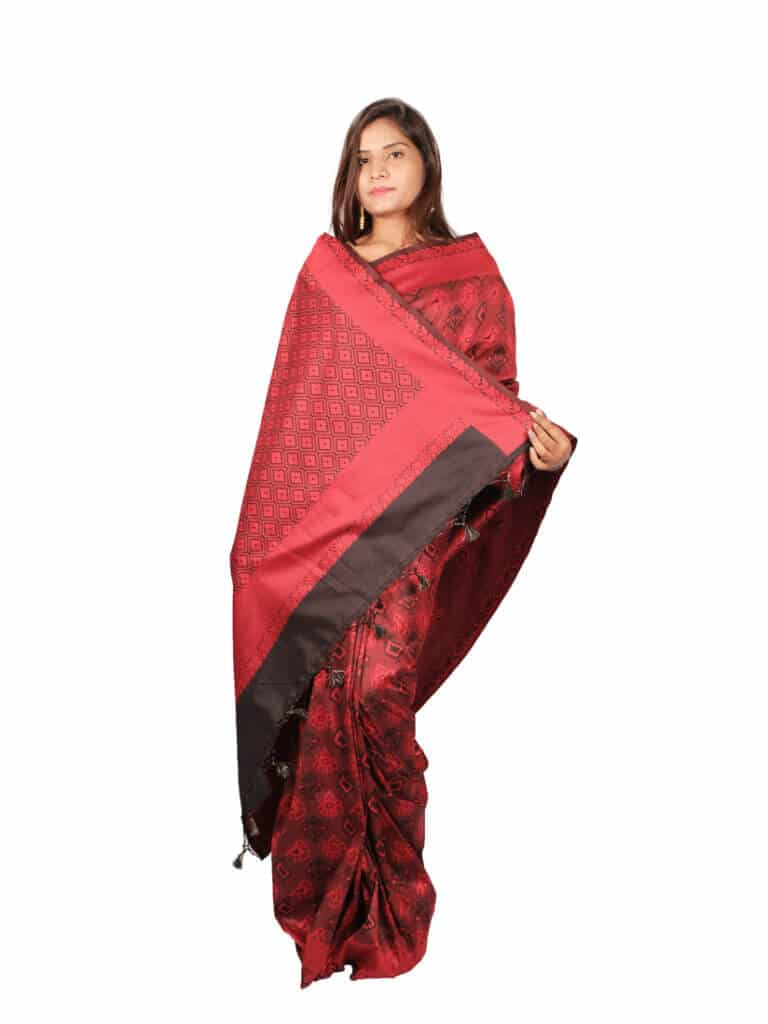 Red Black Woven Design Banarsee Party Wear Semi Silk Saree - Anchal Pose