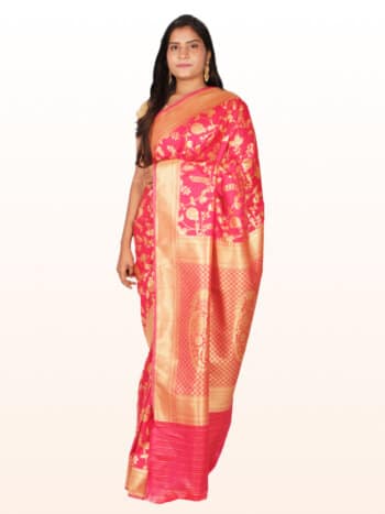 Red Gold Motifs Floral Zari Banarsee Party Wear Semi Silk Saree - Front Pose Edited