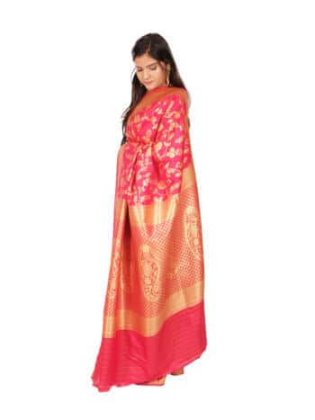 Red Gold Motifs Floral Zari Banarsee Party Wear Semi Silk Saree - Side Pose