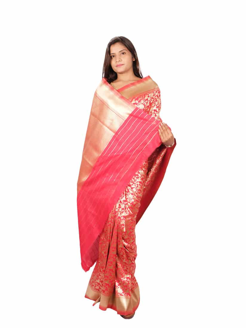 Red Golden Motifs Zari Banarsee Party Wear Semi Silk Saree - Anchal Pose