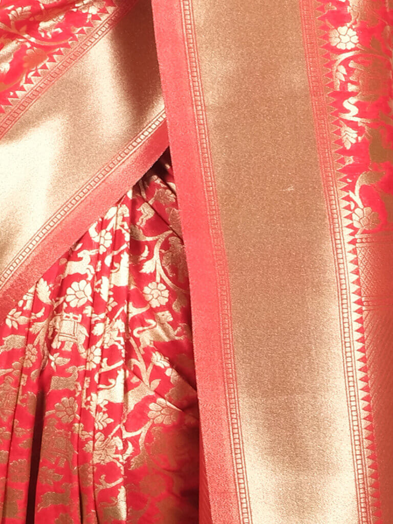 Red Golden Motifs Zari Banarsee Party Wear Semi Silk Saree - Close Up Pose