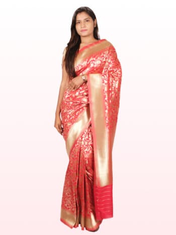 Red Golden Motifs Zari Banarsee Party Wear Semi Silk Saree - Front Pose