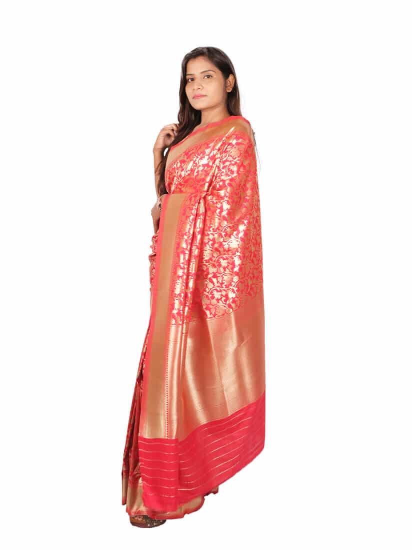 Red Golden Motifs Zari Banarsee Party Wear Semi Silk Saree - Side Pose