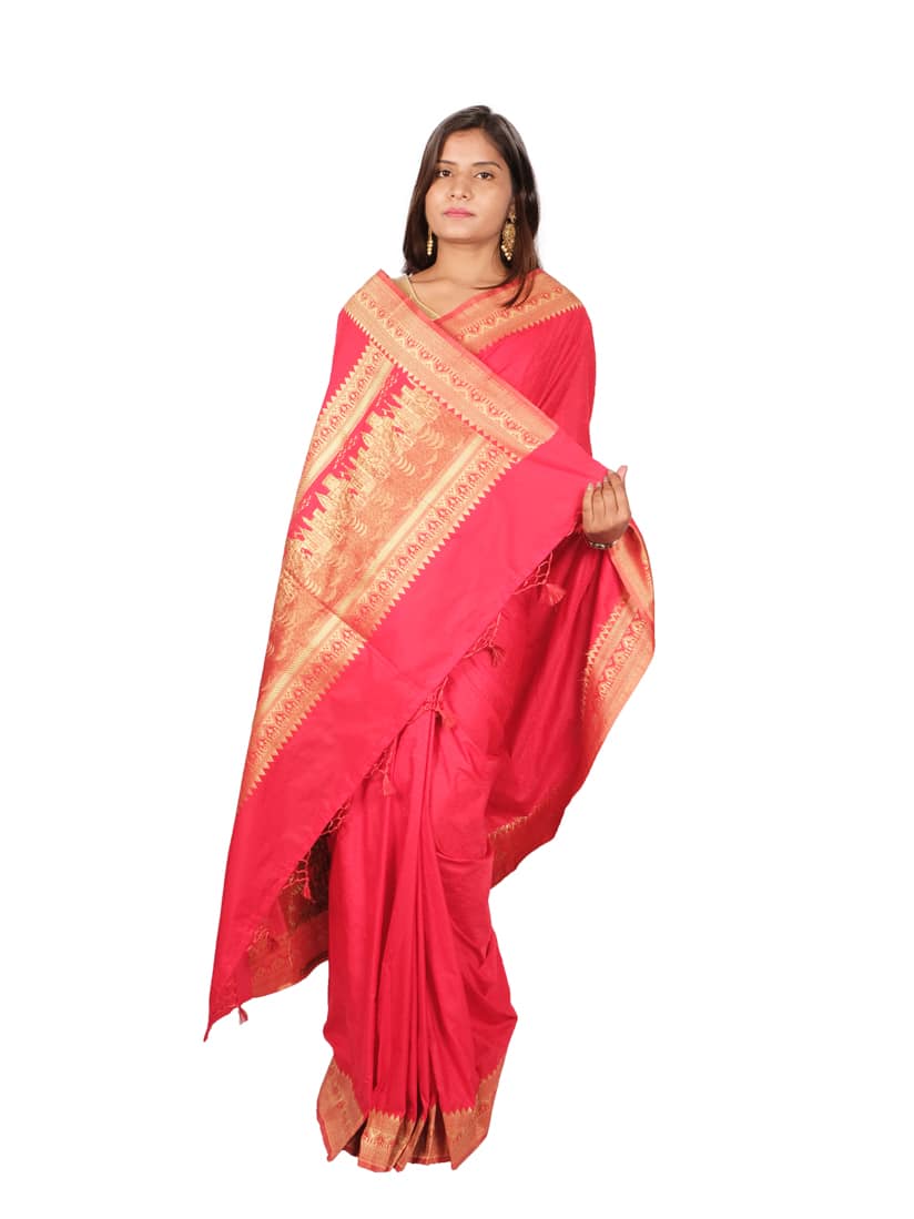 Red Golden Woven Design Banarsee Party Wear Semi Silk Saree - Anchal Pose
