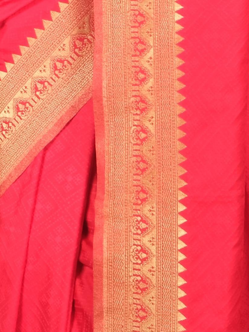 Red Golden Woven Design Banarsee Party Wear Semi Silk Saree - Close Up Pose