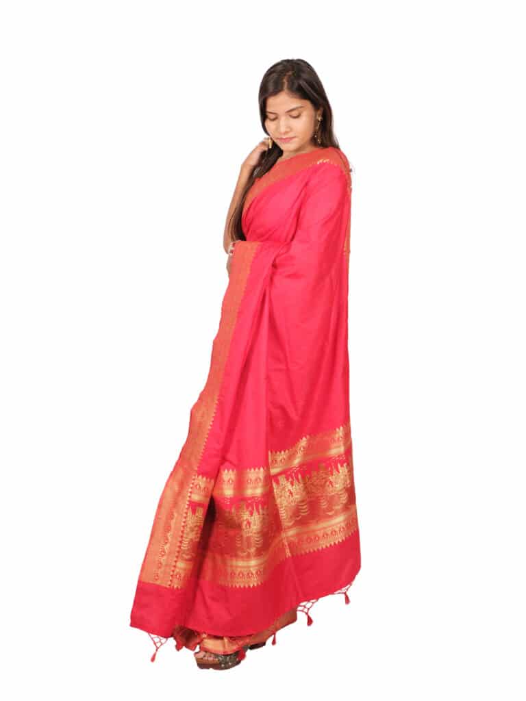 Red Golden Woven Design Banarsee Party Wear Semi Silk Saree - Side Pose