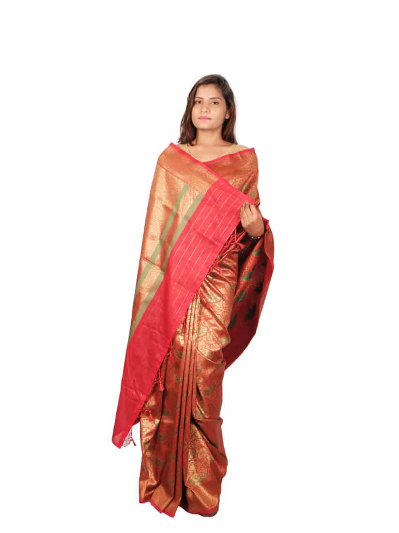 Red Green Woven Design Zari Banarsee Party Wear Semi Silk Saree - Anchal Pose