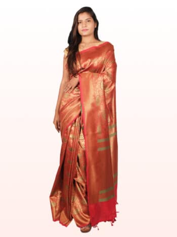 Red Green Woven Design Zari Banarsee Party Wear Semi Silk Saree - Front Pose Edited