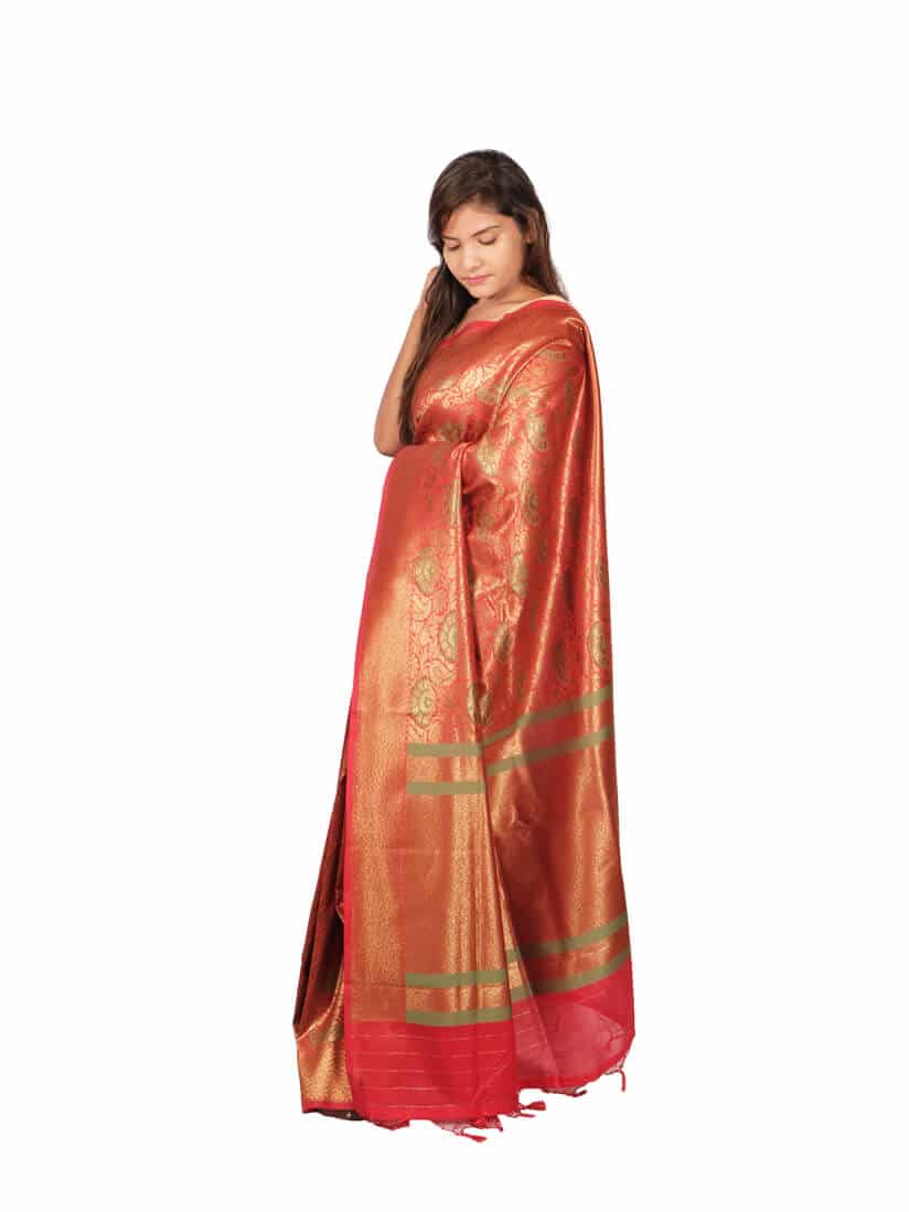 Red Green Woven Design Zari Banarsee Party Wear Semi Silk Saree - Side Pose