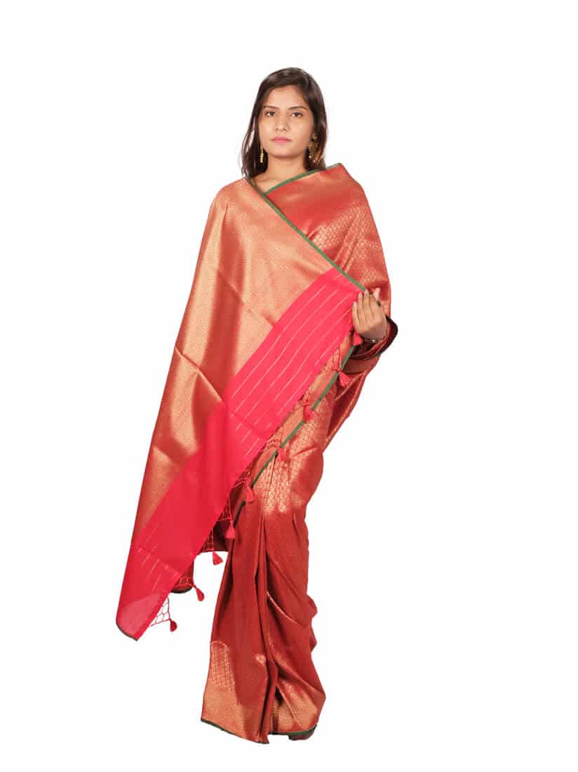 Red Motifs Zari Banaresee Party Wear Semi Silk Saree - Anchal Pose