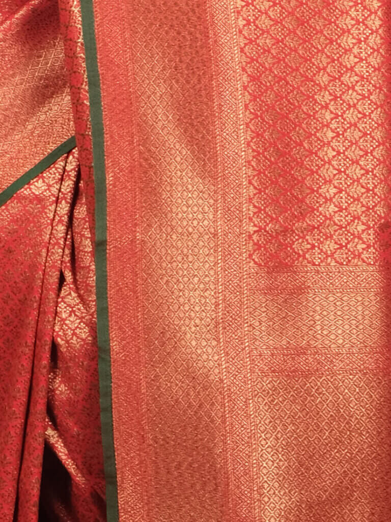 Red Motifs Zari Banaresee Party Wear Semi Silk Saree - Close Up Pose