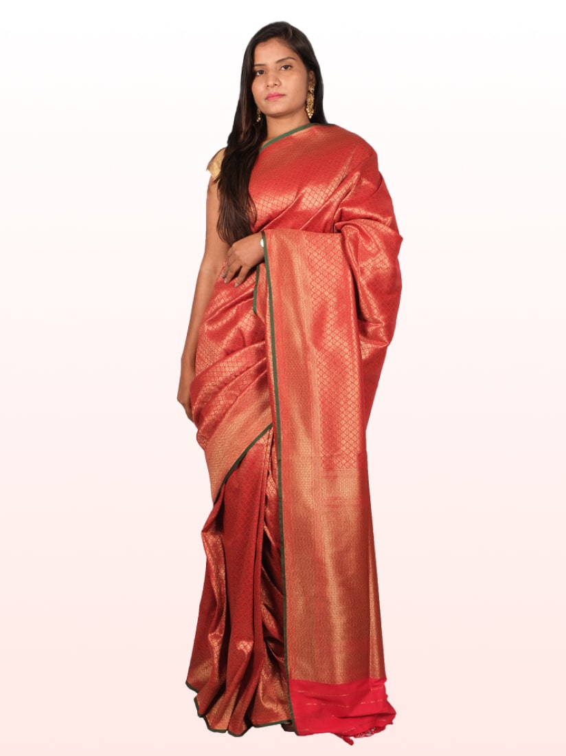 Red Motifs Zari Banarsee Party Wear Semi Silk Saree - Front Pose Ediredose
