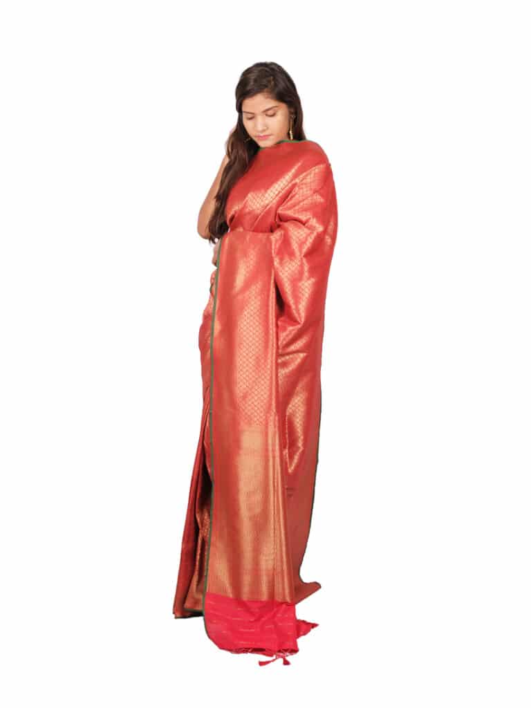 Red Motifs Zari Banarsee Party Wear Semi Silk Saree - Side Pose 1