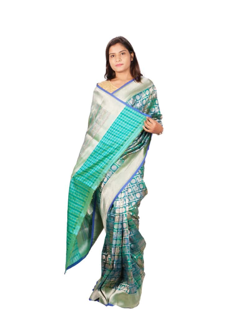 Sea Green Gold Toned Woven Zari Banarsee Party Wear Silk Saree - Anchal Pose