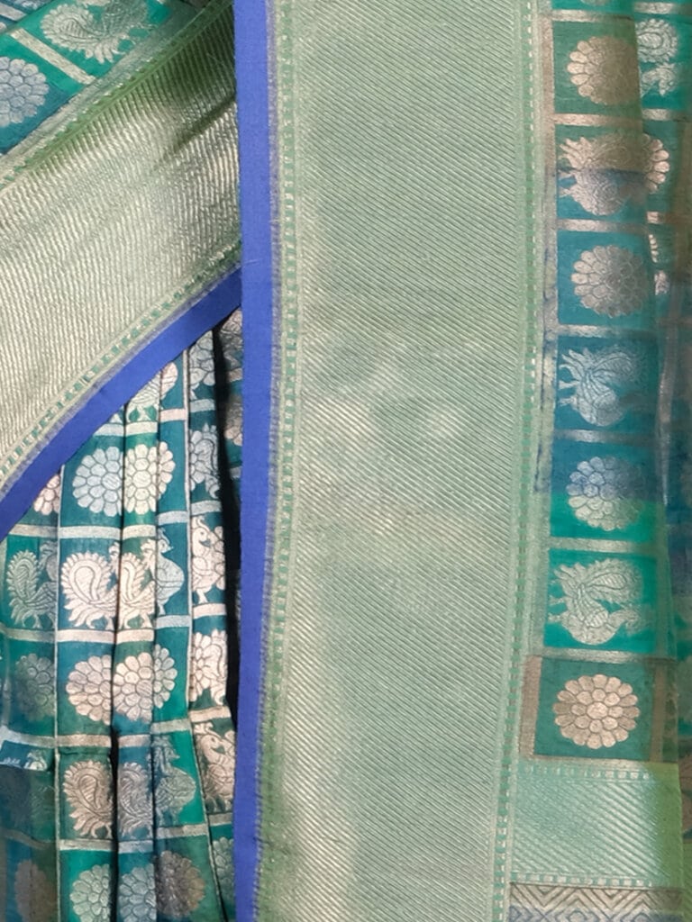 Sea Green Gold Toned Woven Zari Banarsee Party Wear Silk Saree - Close Up Pose