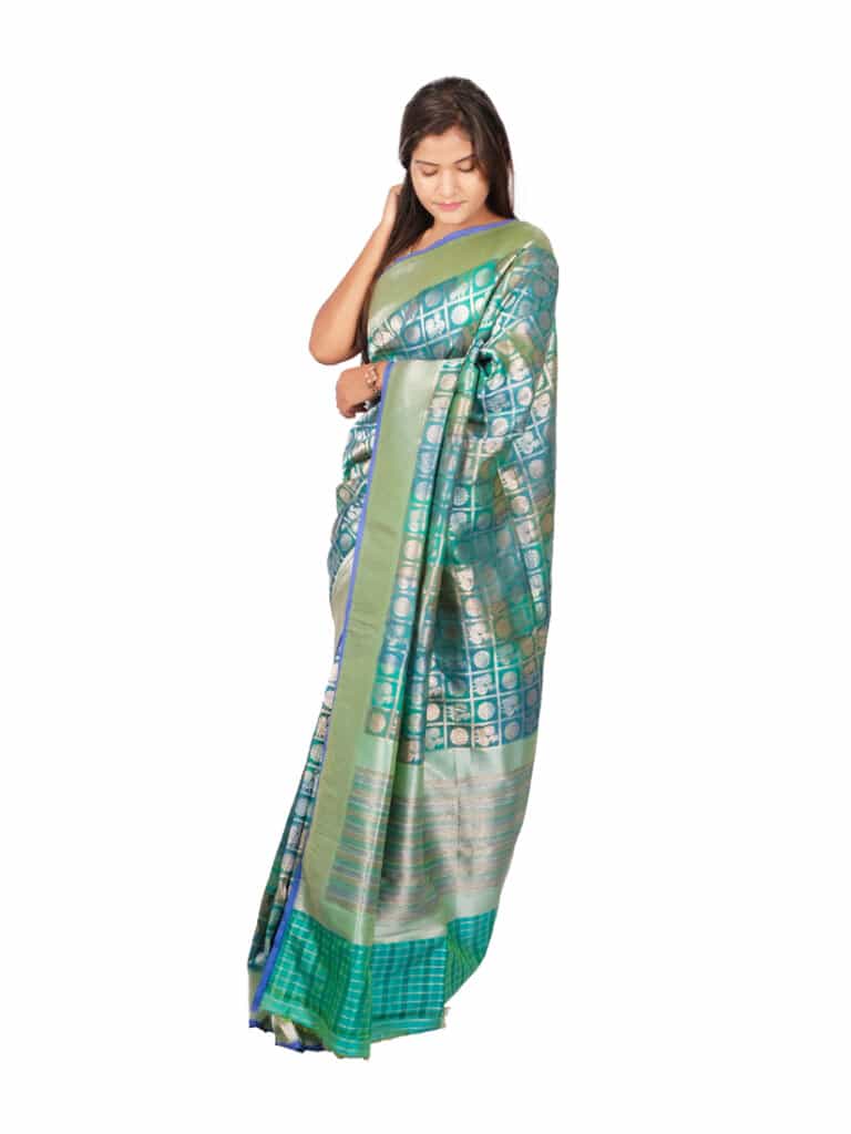 Sea Green Gold Toned Woven Zari Banarsee Party Wear Silk Saree - Side Pose