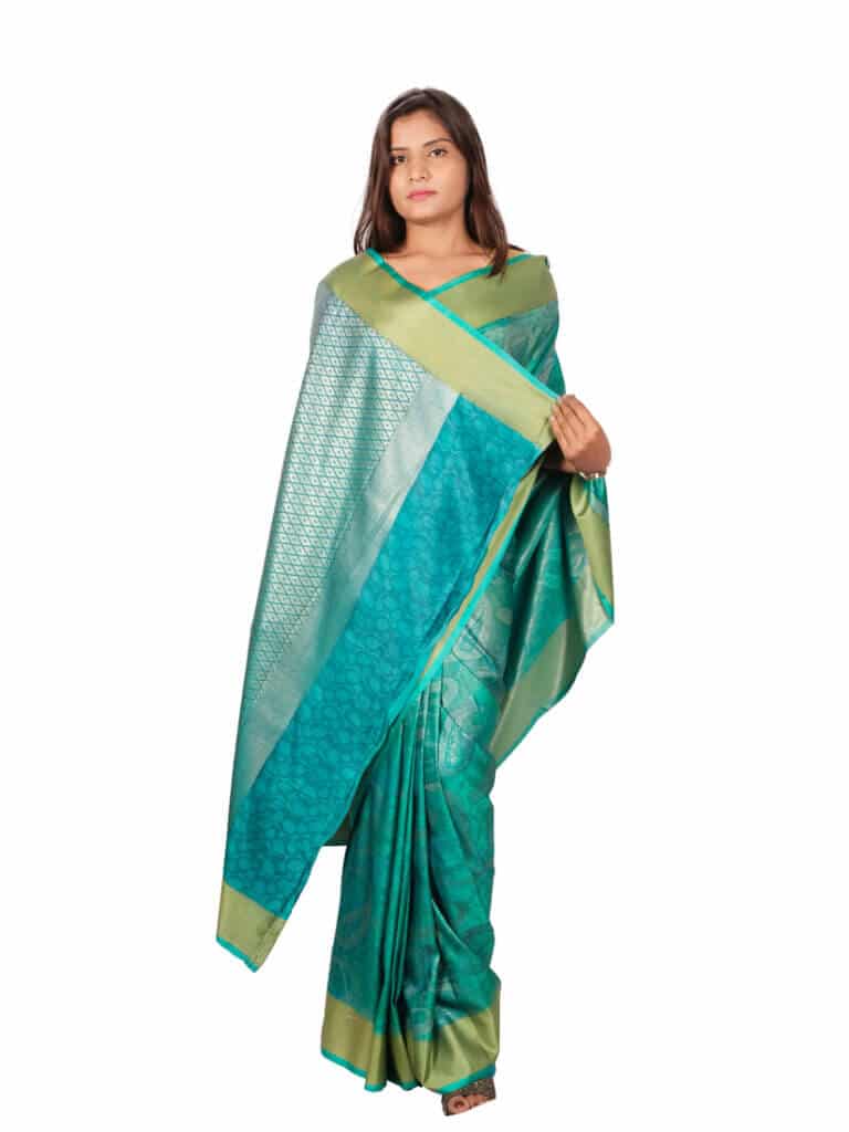 Sea Green Golden Woven Design Banarsee Party Wear Semi Silk Saree - Anchal Pose
