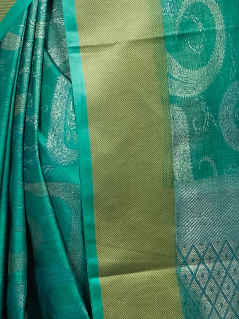 Sea Green Golden Woven Design Banarsee Party Wear Semi Silk Saree - Close Up Pose