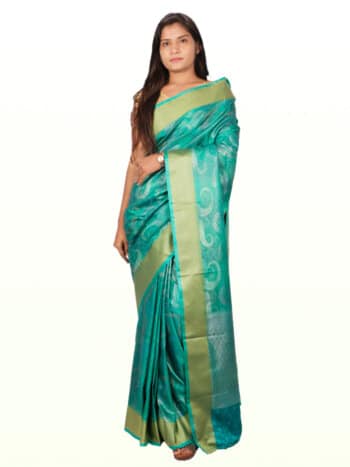 Sea Green Golden Woven Design Banarsee Party Wear Semi Silk Saree - Front Pose Edited