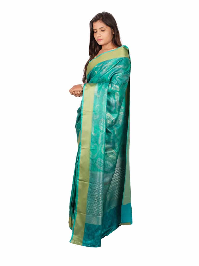 Sea Green Golden Woven Design Banarsee Party Wear Semi Silk Saree - Side Pose