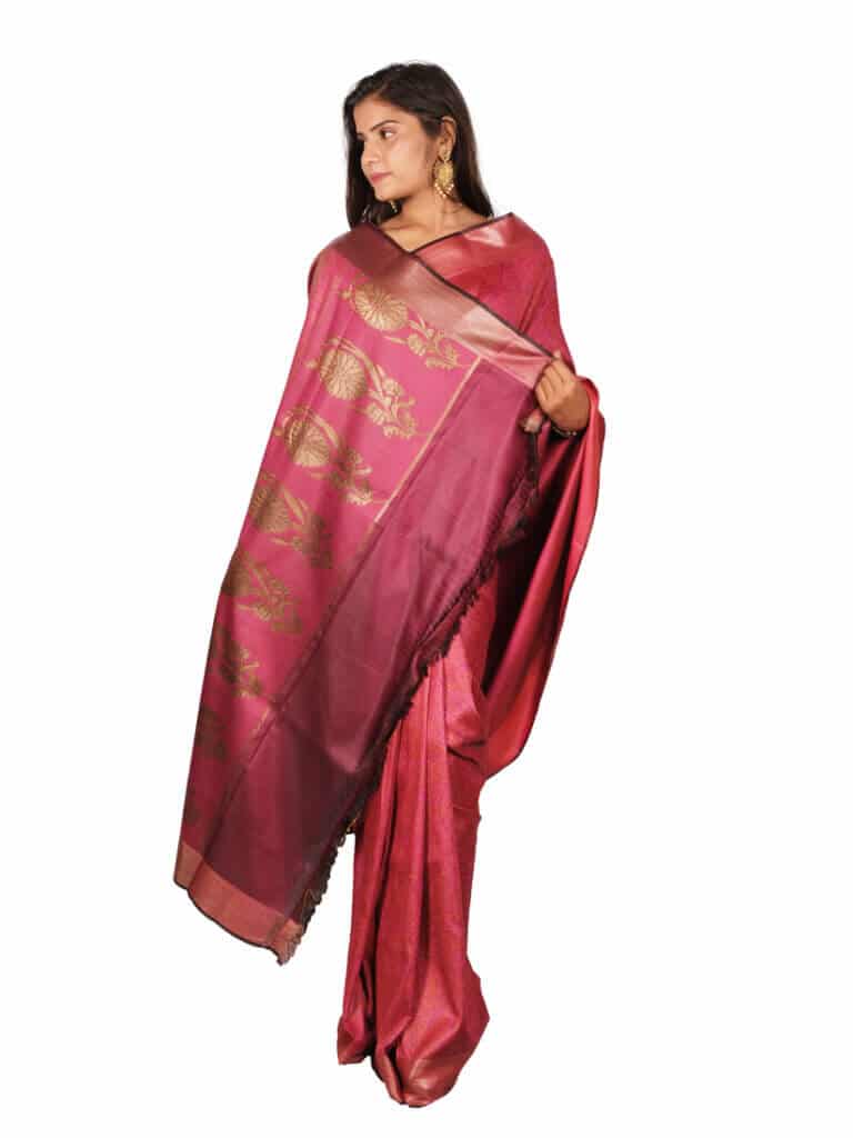 Wine Gold Toned Woven Desgin Banarsee Party Wear Semi Silk Saree - Anchal Pose