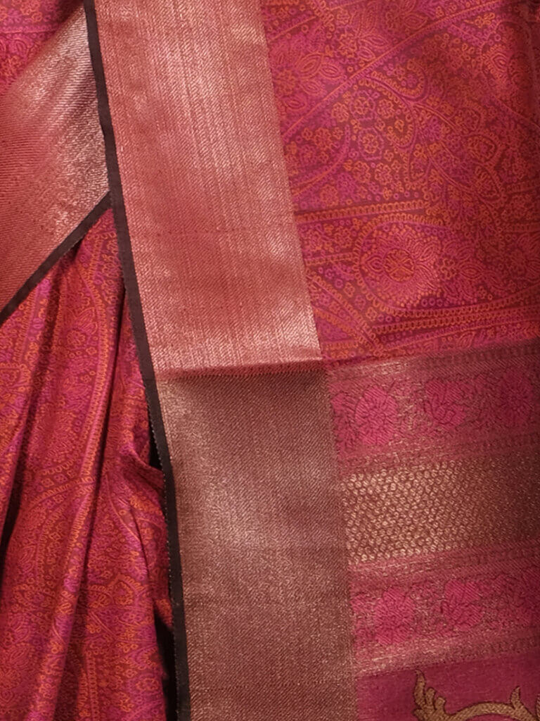 Wine Gold Toned Woven Desgin Banarsee Party Wear Semi Silk Saree - Close Up Pose