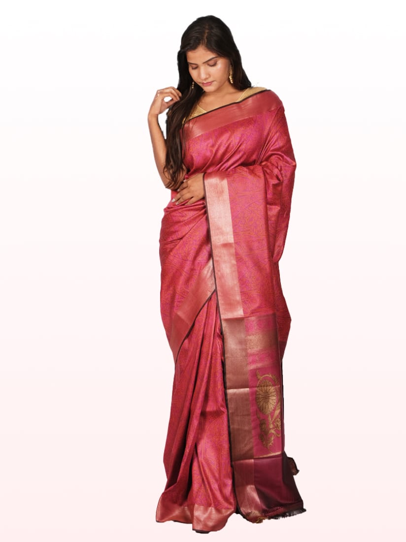 Wine Gold Toned Woven Design Banarsee Party Wear Semi Silk Saree - Front Pose Edited