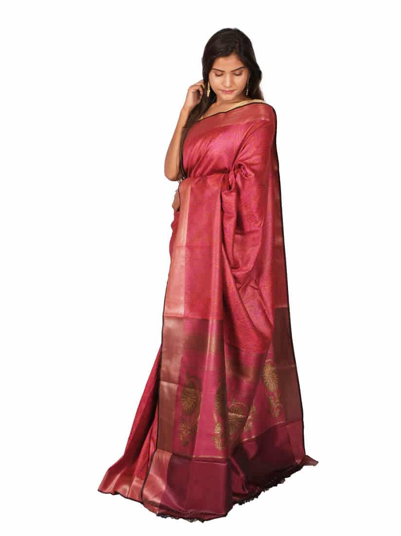 Wine Gold Toned Woven Desgin Banarsee Party Wear Semi Silk Saree - Side Pose