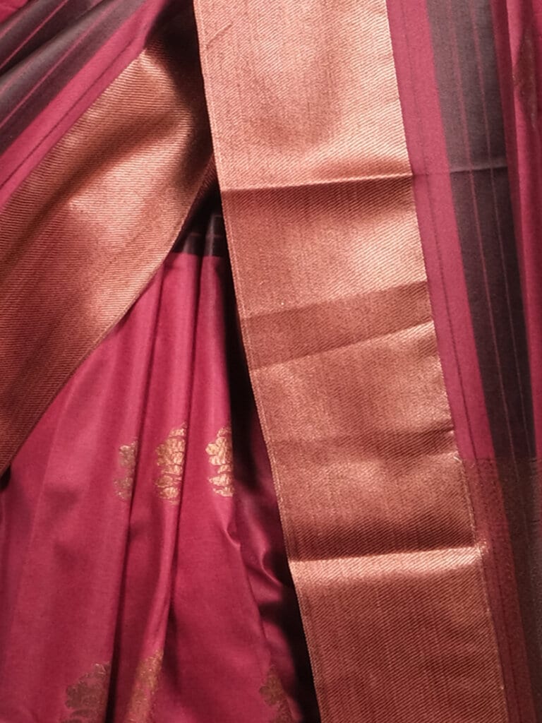 Wine Gold Woven Design Banarsee Party Wear Semi Silk Saree - Close Up Pose