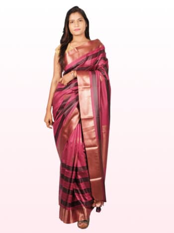 Wine Gold Woven Design Banarsee Party Wear Semi Silk Saree - Front Pose Edited