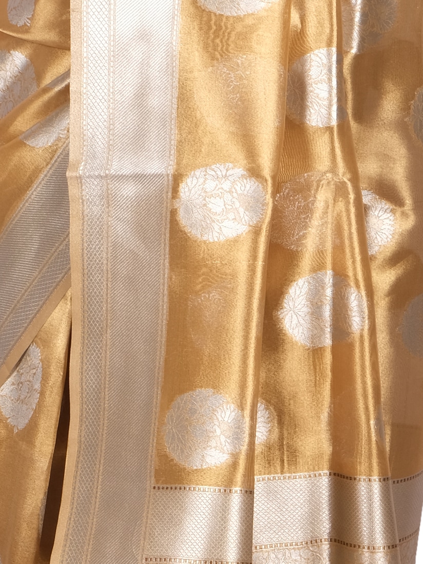 Yellow Silver Motifs Zari Banarsee Party Wear Tissue Saree - Close Up Pose