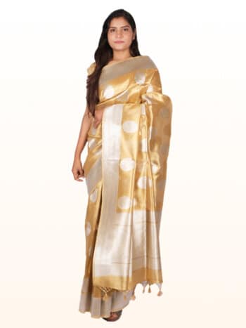 Yellow Silver Motifs Zari Banarsee Party Wear Tissue Saree - Front Pose Edited