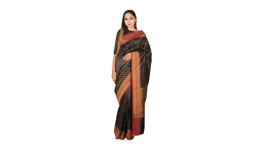 Black & Red Woven Design Banarsee Party Wear Semi Silk Saree