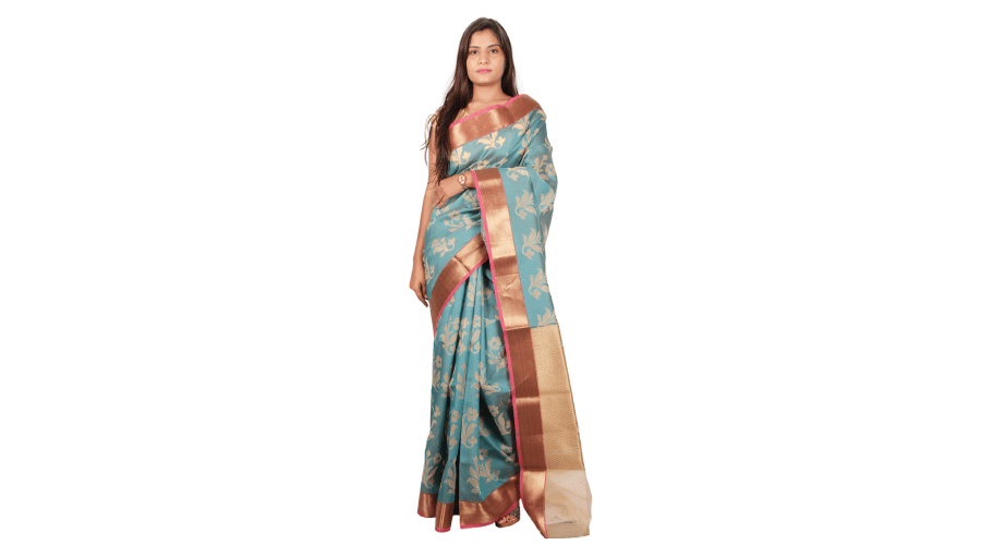 Blue & Golden Tussar Woven Art Banarsee Party Wear Organza Saree