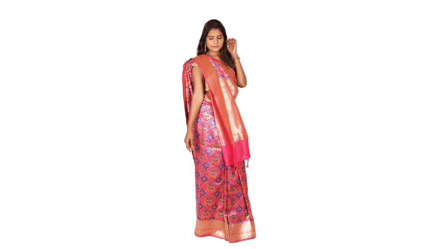 Pink & Gold Woven Design Banarsee Party Wear Semi Silk Saree