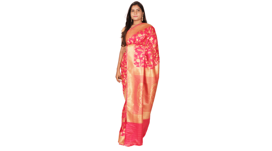 Red & Gold Motifs Floral Zari Banarsee Party Wear Semi Silk Saree