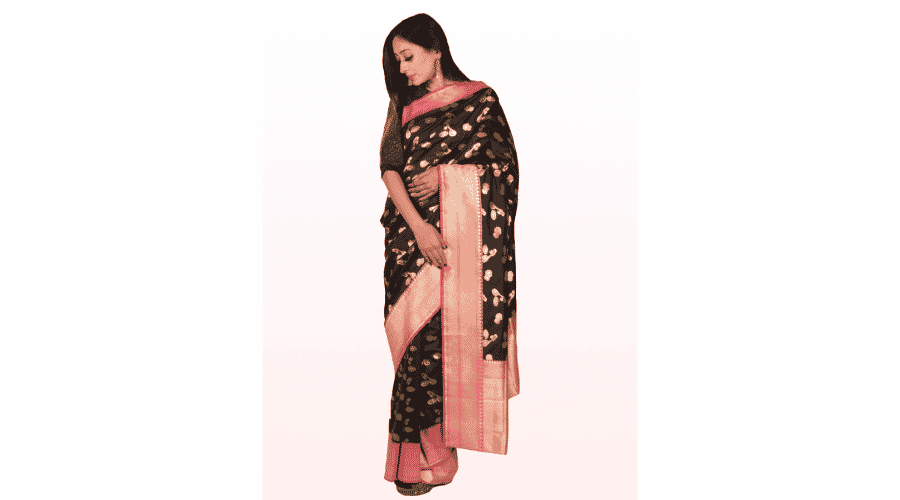 Black & Pink Motifs Floral Zari Banarsee Party Wear Semi Silk Saree
