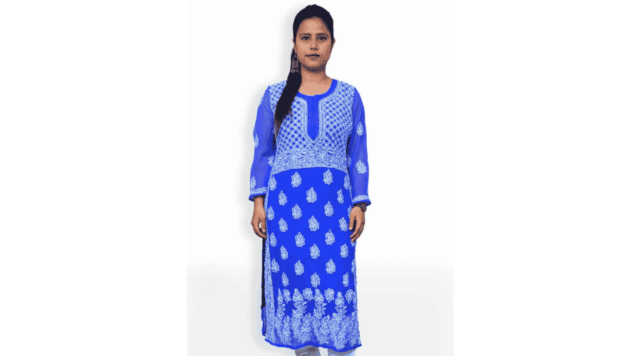 Blue & White Gala Daman Lucknowi Chikankari Casual Georgette Kurti