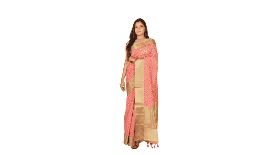 Cream & Red Woven Design Banarsee Party Wear Organza Saree