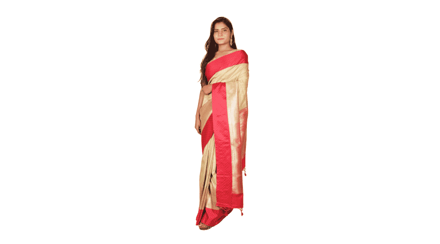 Cream & Red Woven Design Banarsee Party Wear Semi Silk Saree
