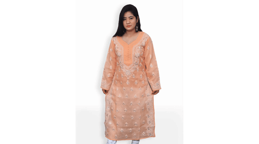 Peach & White Gala Boti Gota Lucknowi Chikankari Party Wear Cotton Kurti